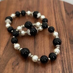 White House black market set of 2 Black and Silver stretchy Beaded Bracelet